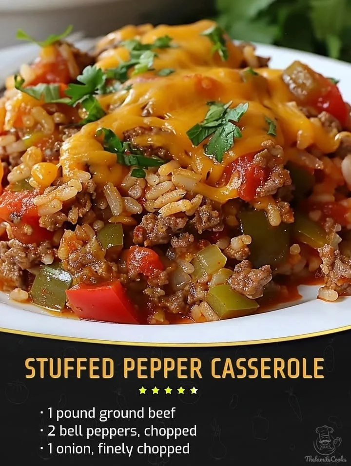 Colorful stuffed pepper casserole with rice and veggies in a baking dish