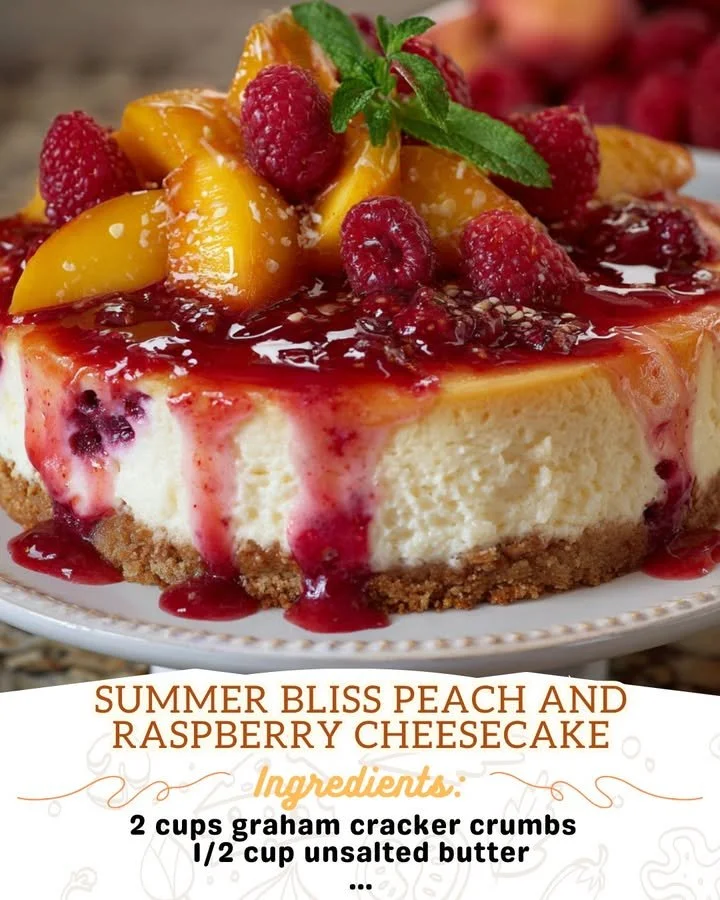 Delicious Peach Raspberry Cheesecake topped with fresh peaches and raspberries