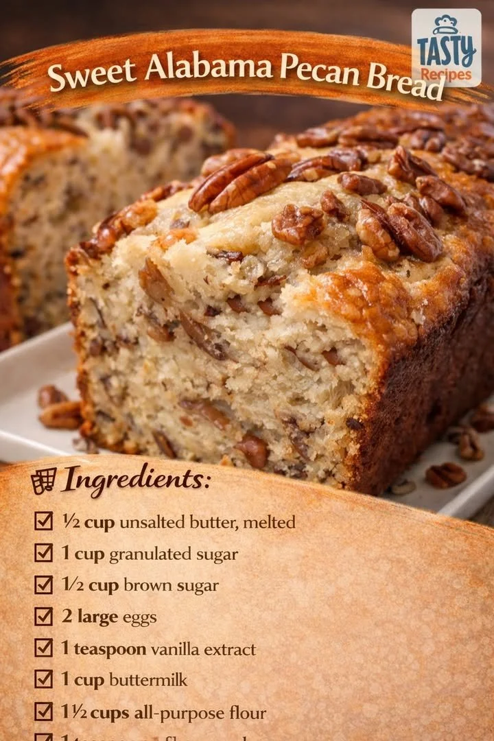 Freshly baked Sweet Alabama Pecan Bread with crunchy pecans