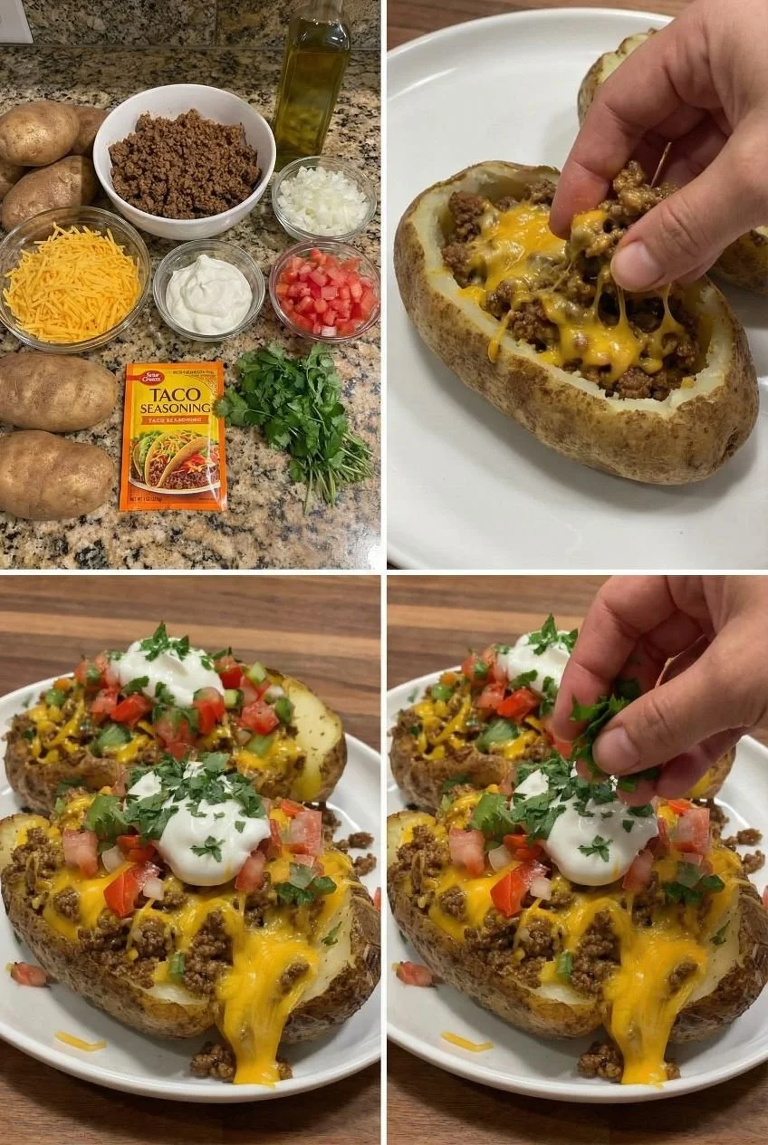Taco stuffed baked potatoes topped with cheese and fresh ingredients
