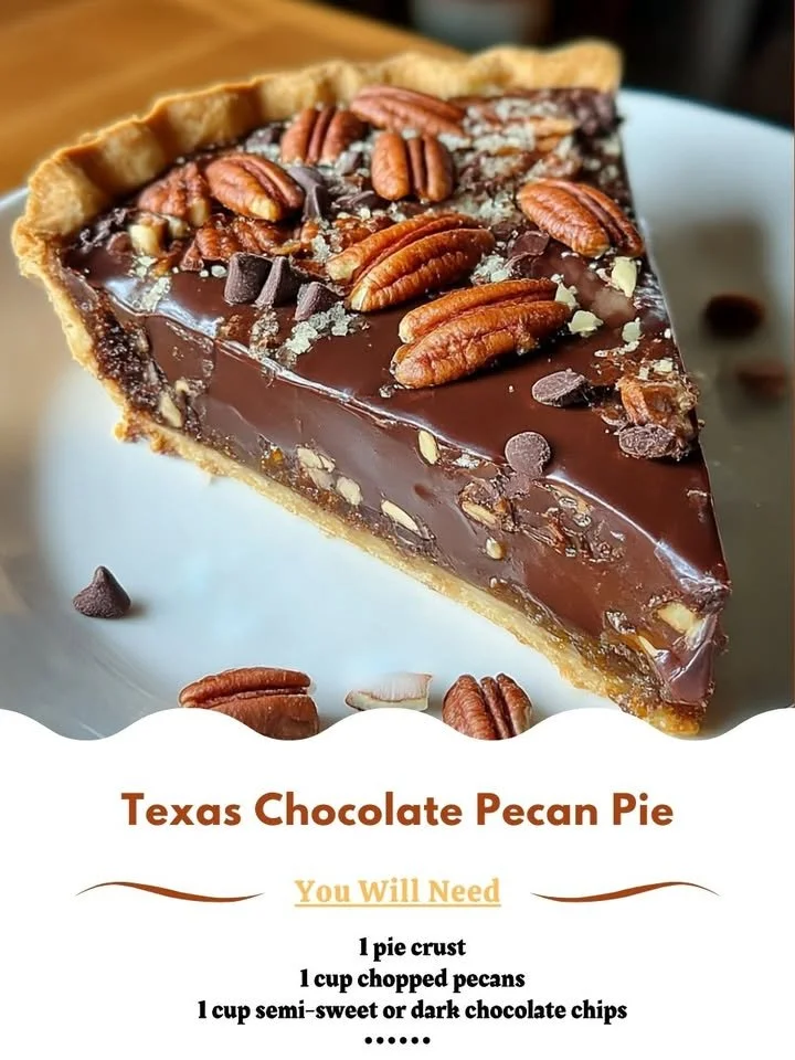 Delicious Texas chocolate pecan pie with pecans and chocolate filling