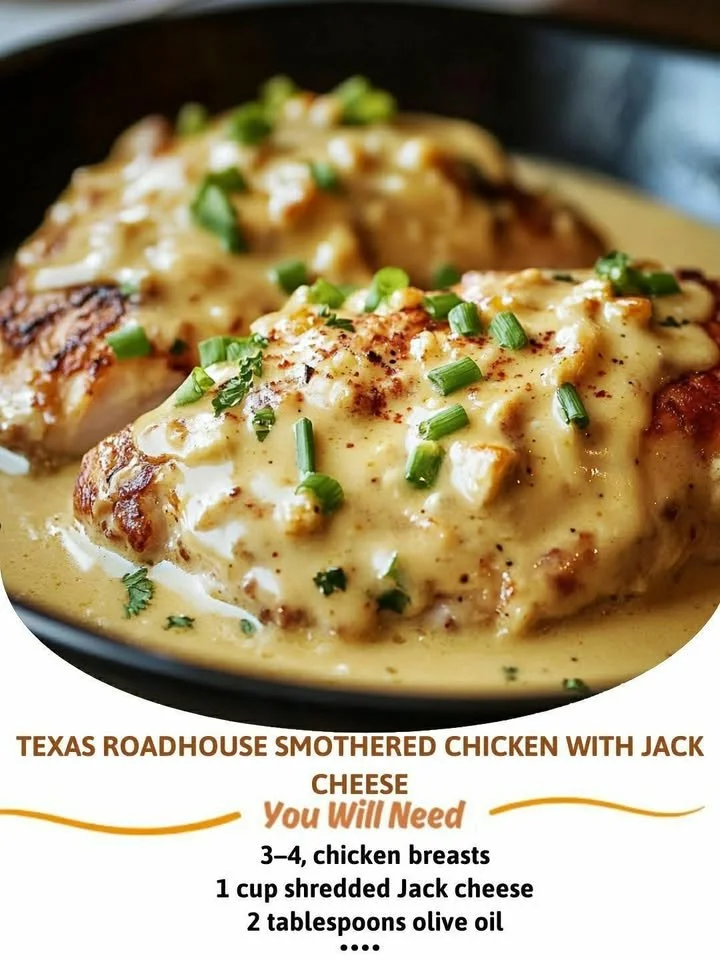 Delicious Texas Roadhouse Smothered Chicken topped with creamy sauces and cheese.
