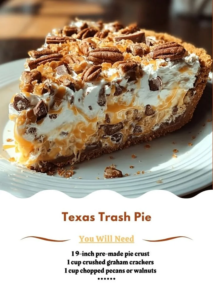 Slice of Texas Trash Pie topped with nuts and chocolate on a plate.