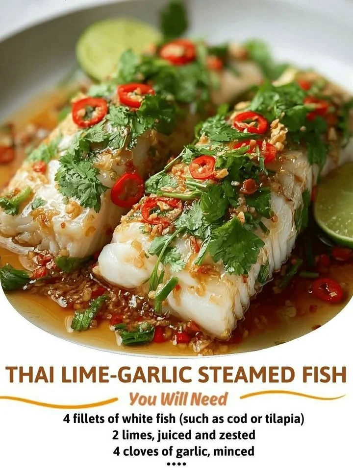 Thai Lime-Garlic Steamed Fish with fresh herbs and lime