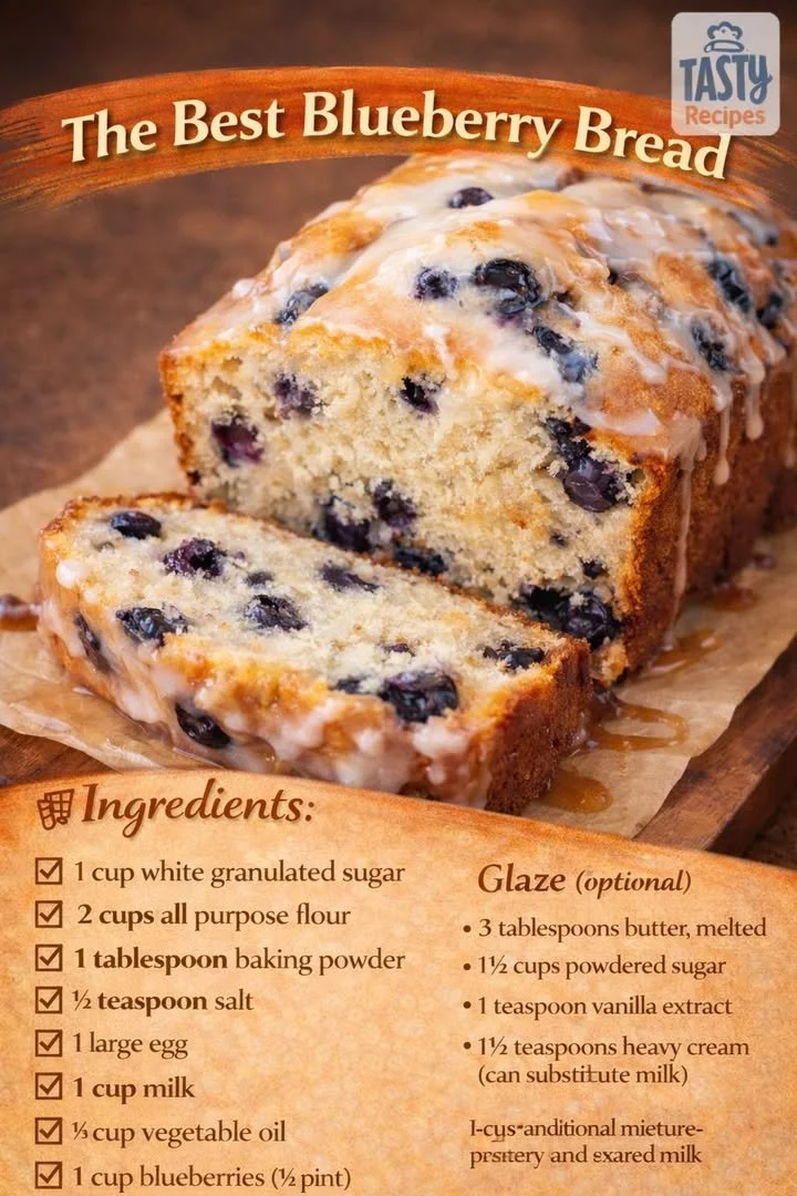 A slice of delicious homemade blueberry bread on a wooden table