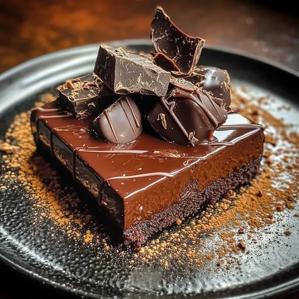 Triple chocolate cheesecake topped with chocolate shavings and drizzled sauce