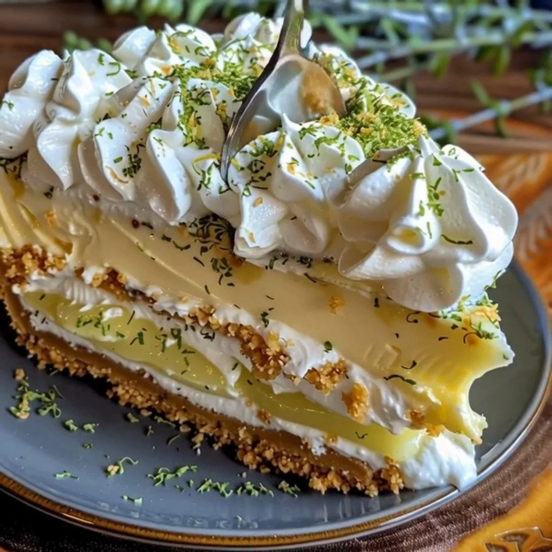 Slice of Triple Decker Key Lime Pie garnished with lime and whipped cream