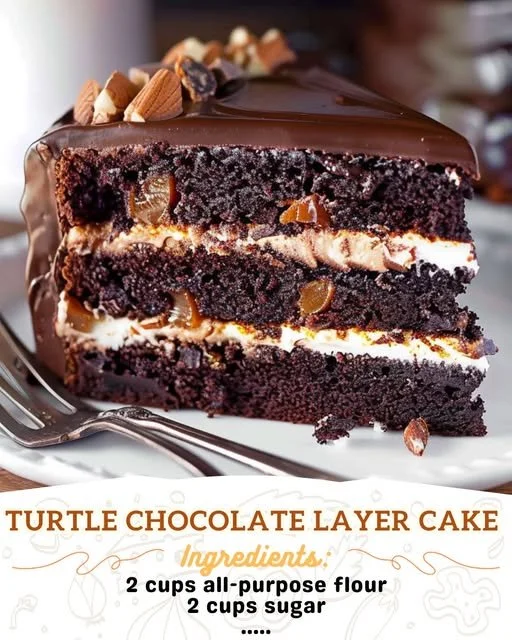 Delicious Turtle Chocolate Layer Cake with chocolate, caramel, and nuts