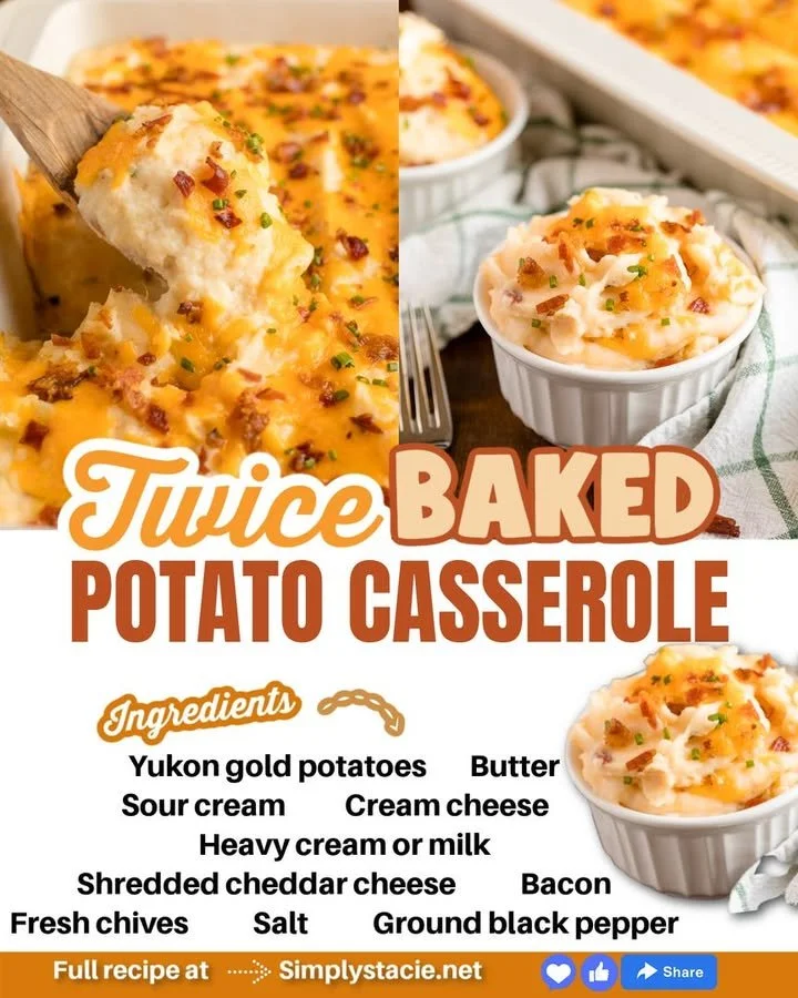 Delicious twice baked potato casserole served in a baking dish with toppings
