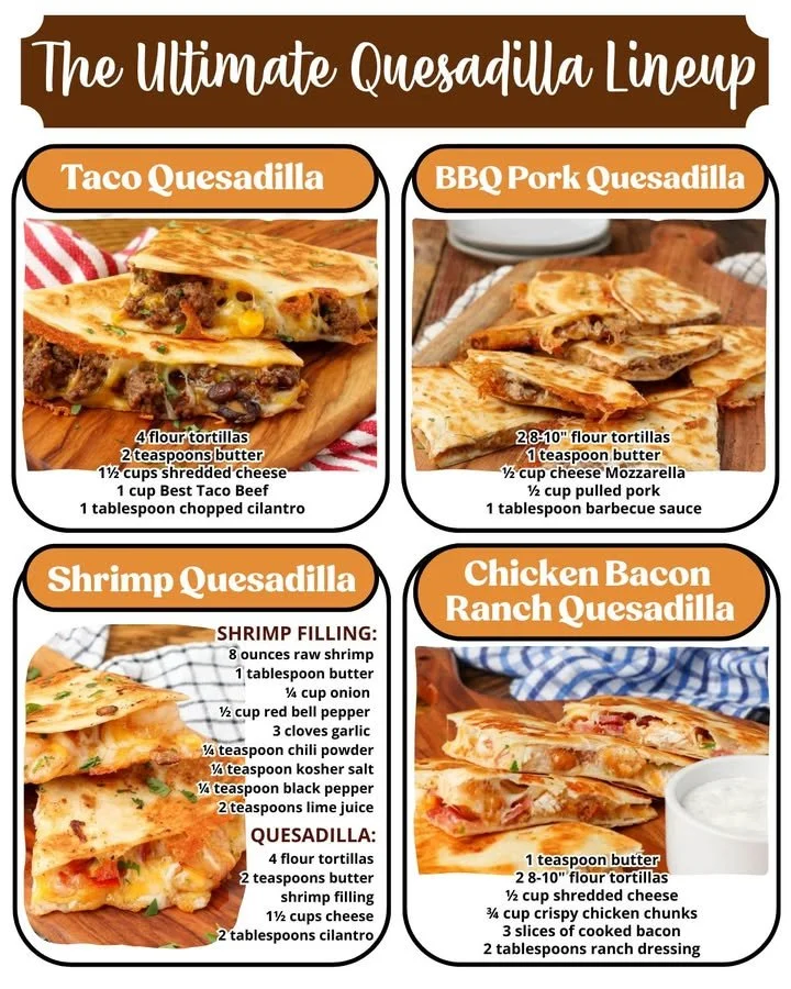 A variety of delicious quesadillas served with toppings and dips.