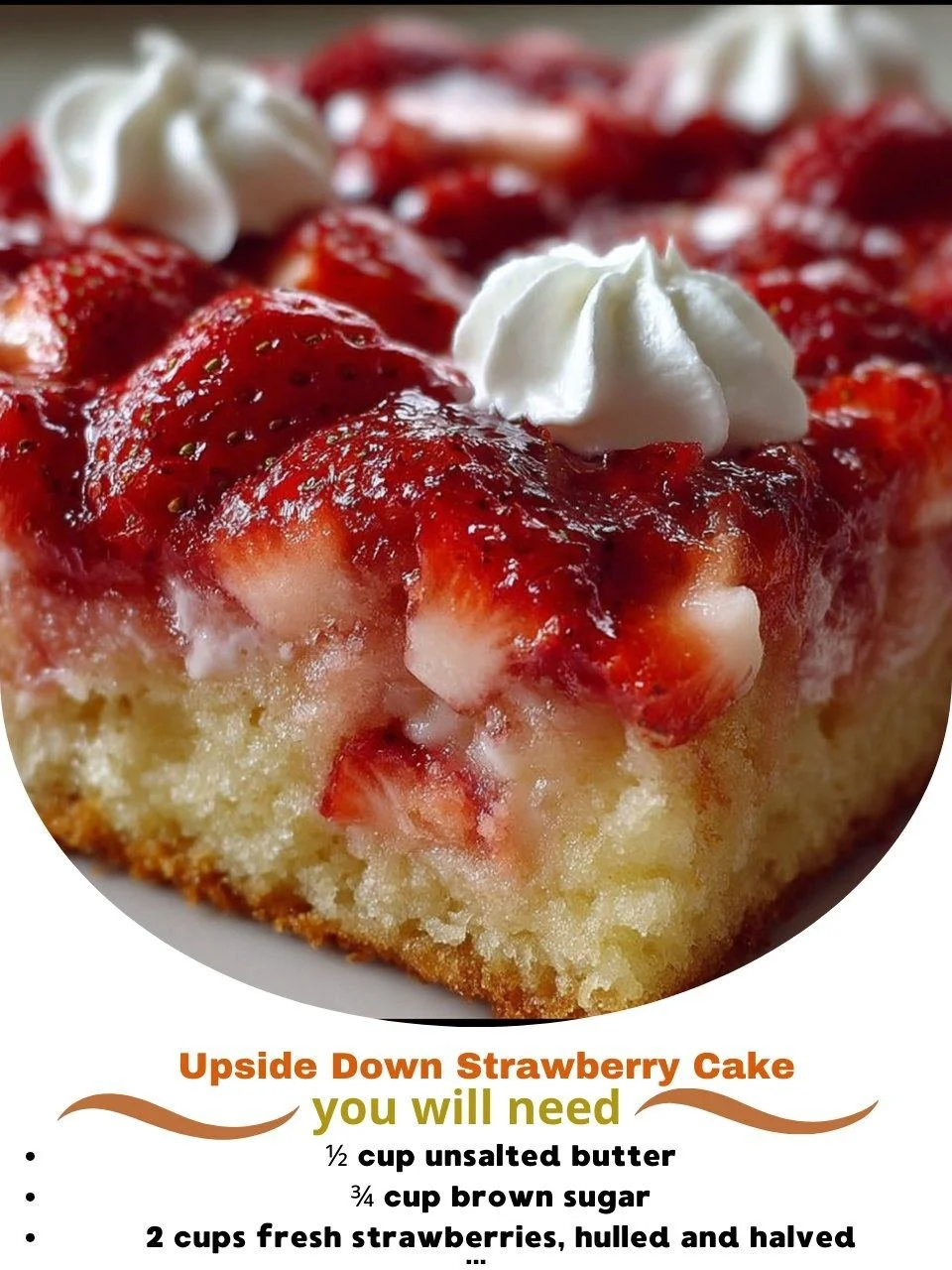 Upside down strawberry cake topped with fresh berries and a glossy glaze