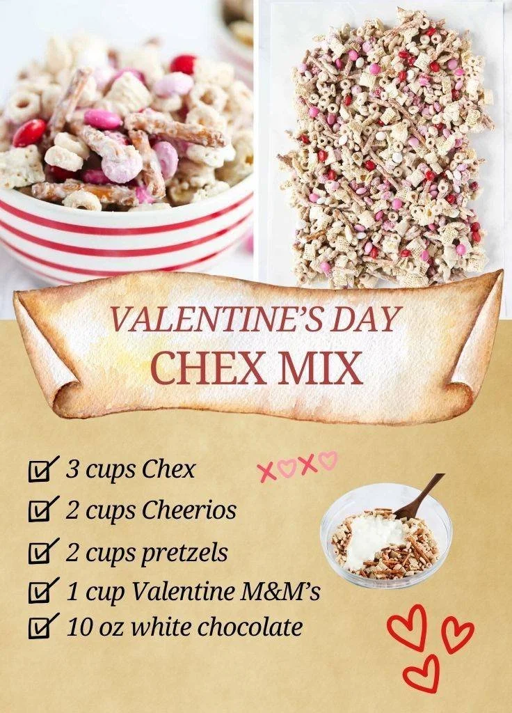 Valentine Chex Mix with heart-shaped candies and vibrant colors.