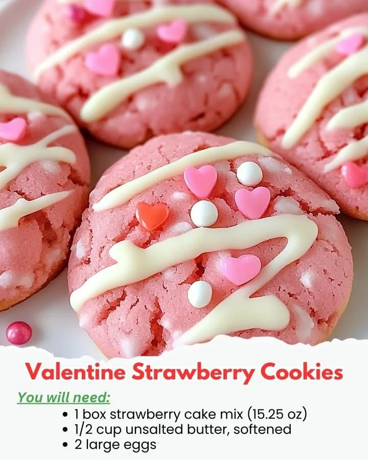 Delicious Valentine strawberry cookies topped with pink icing and sprinkles.