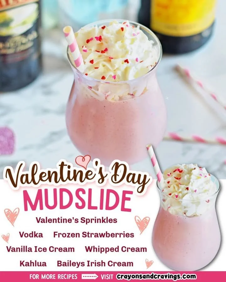 Valentine's Day Pink Mudslide cocktail with a romantic pink hue.