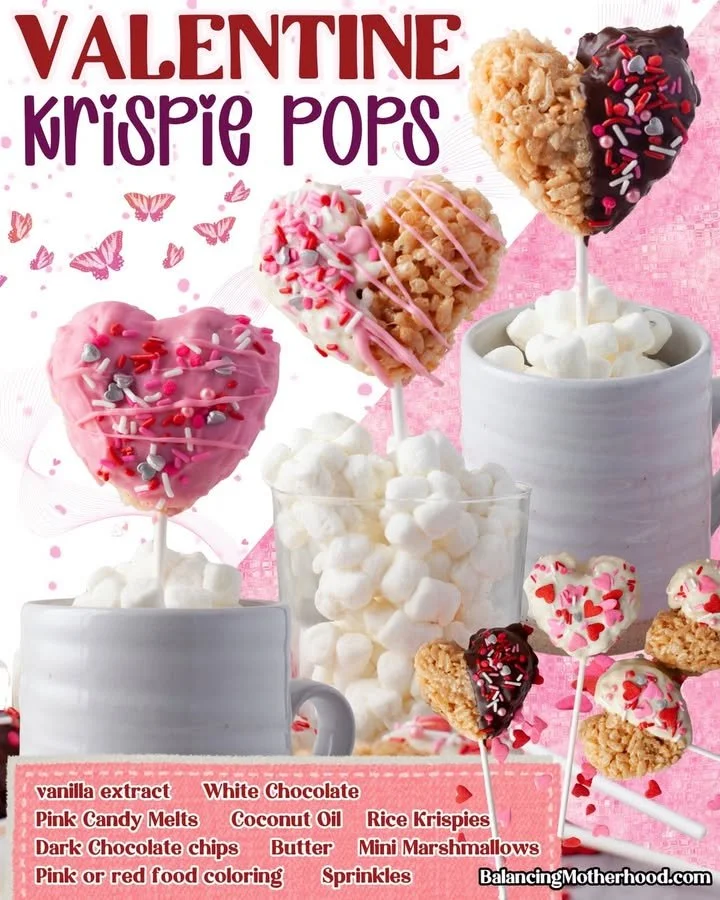 Valentine's Day themed Rice Krispie Pops decorated with heart sprinkles.