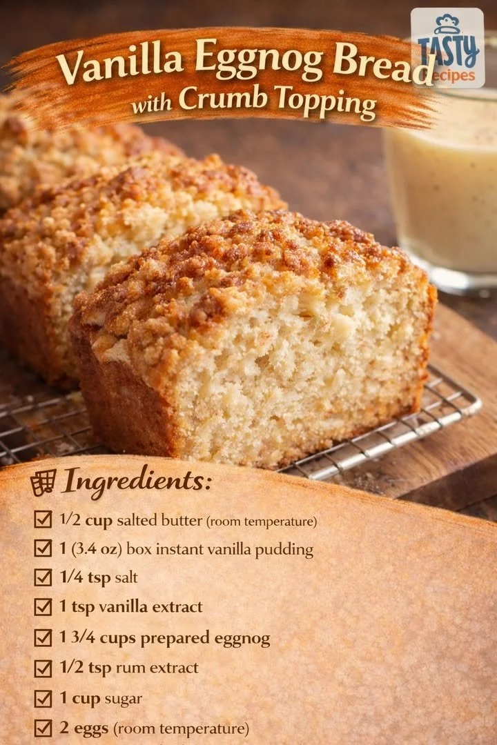 Delicious homemade Vanilla Eggnog Bread with a crumb topping, perfect for the holiday season.