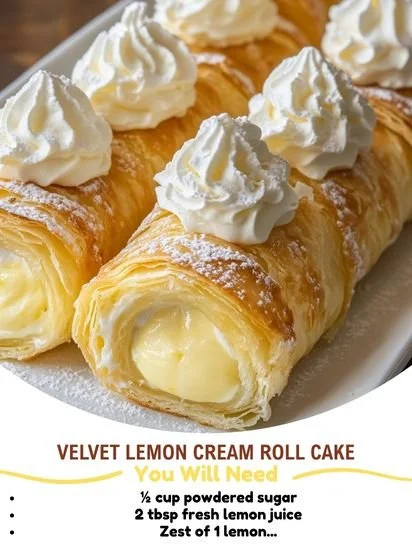Delicious Velvet Lemon Cream Roll Cake with creamy filling and lemon zest frosting