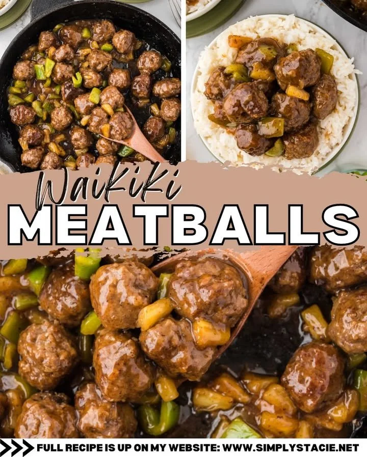 Plate of Waikiki meatballs served with sauce and garnished, showcasing delicious flavors