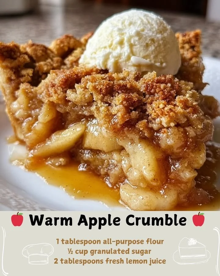 Delicious warm apple crumble served in a bowl with a scoop of vanilla ice cream.