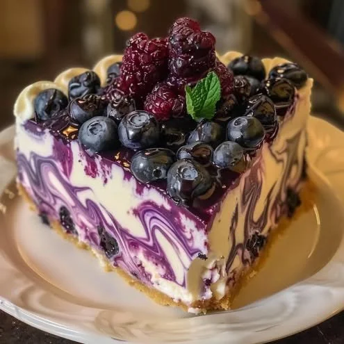 White chocolate blueberry cheesecake slice on a plate