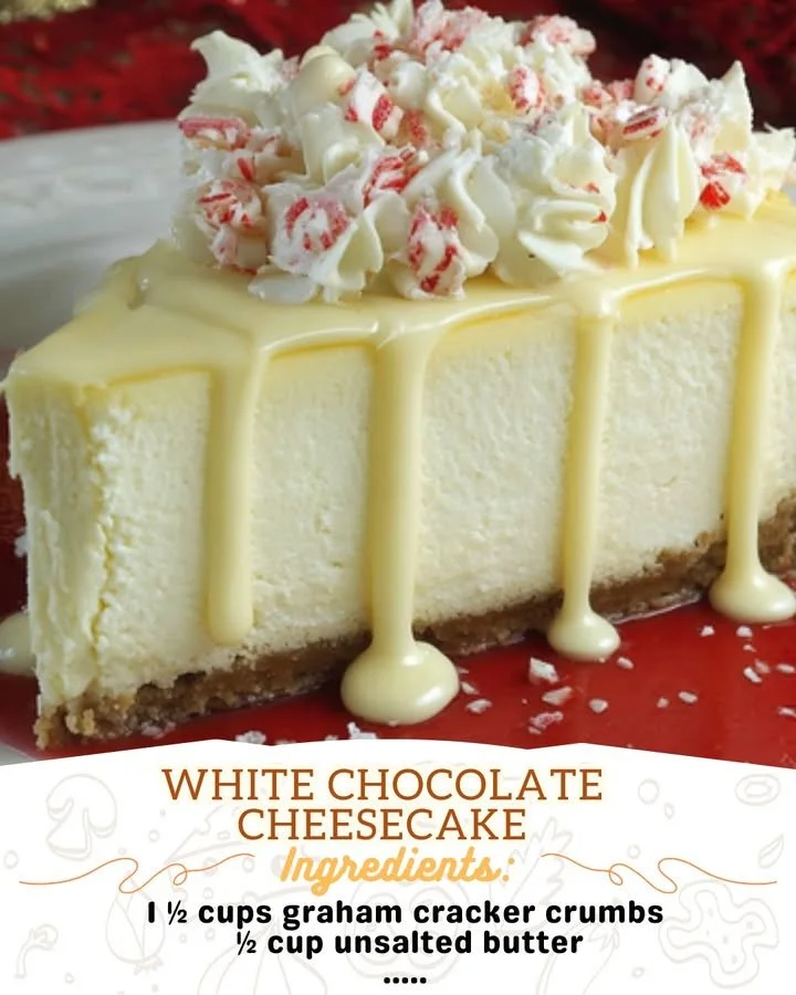 Delicious white chocolate cheesecake with a smooth topping and graham cracker crust.