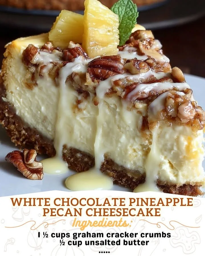 Delicious White Chocolate Pineapple Pecan Cheesecake slice on a plate