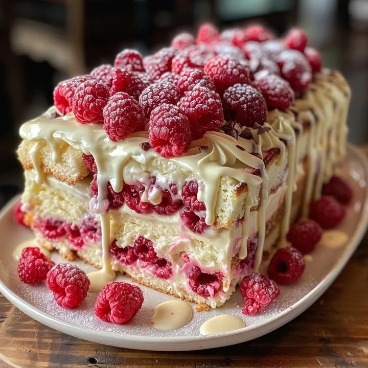 White Chocolate Raspberry Heavenly Cake topped with fresh raspberries and white chocolate shavings