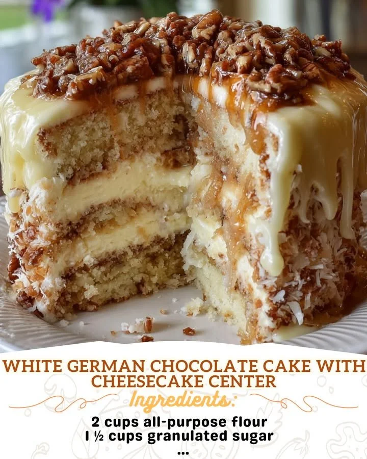 White German chocolate cake with a creamy cheesecake center and chocolate frosting.