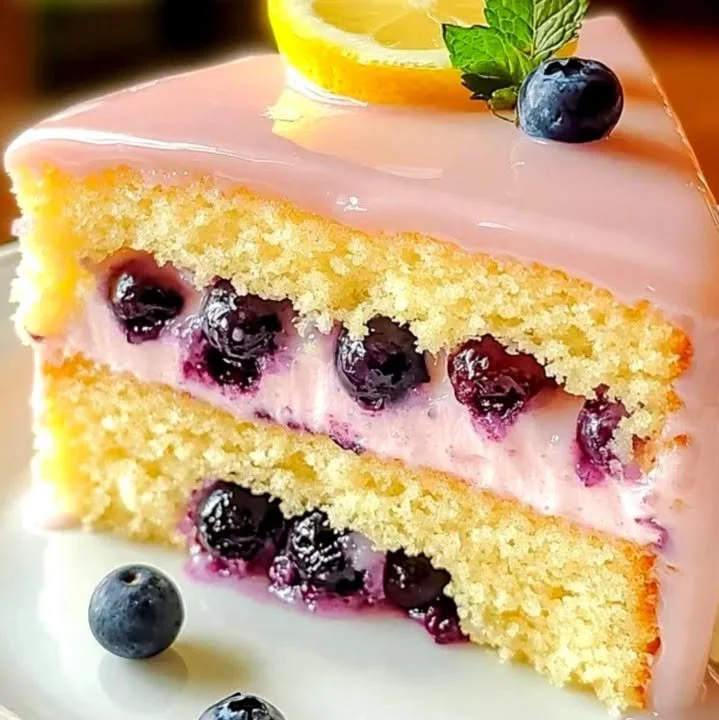Delicious slice of blueberry lemonade cake topped with fresh blueberries and lemon zest