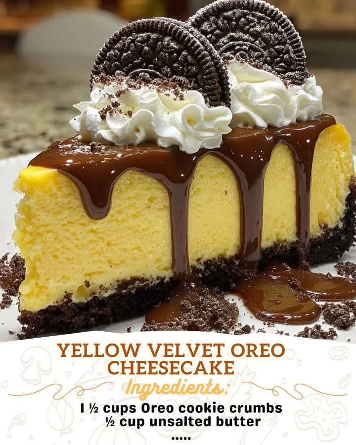 Slice of Yellow Velvet Oreo Cheesecake topped with crushed Oreos