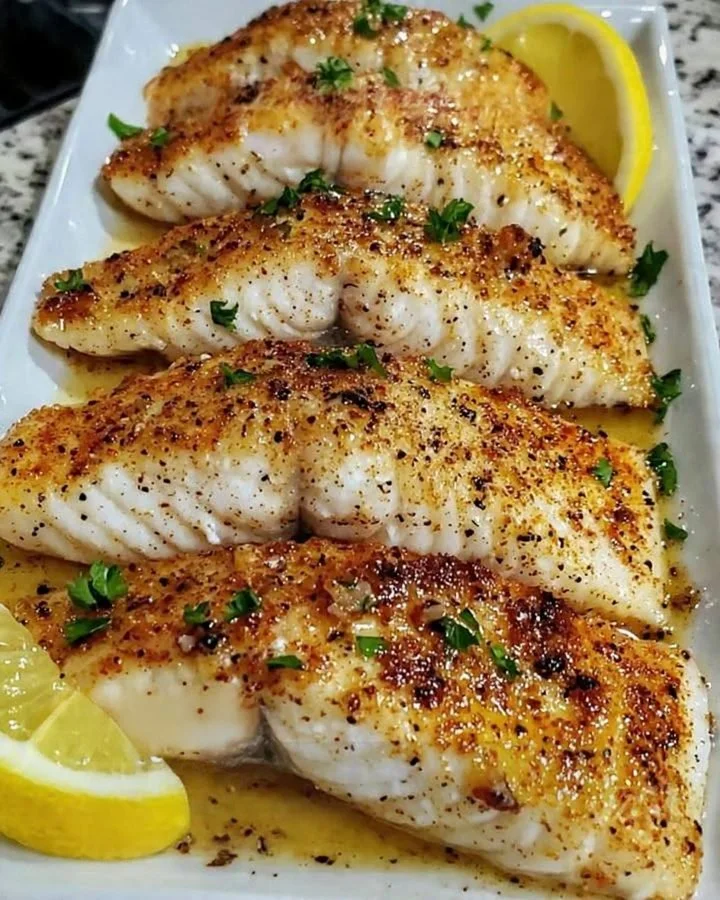 Zesty lemon butter fish fillet garnished with herbs and lemon slices