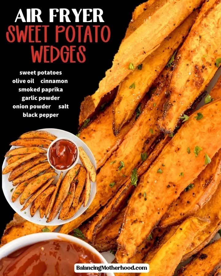 Air fryer sweet potato wedges served in a bowl, crispy and golden.