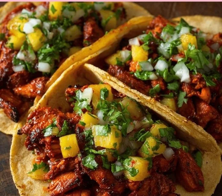 Delicious Al Pastor tacos topped with cilantro and pineapple.