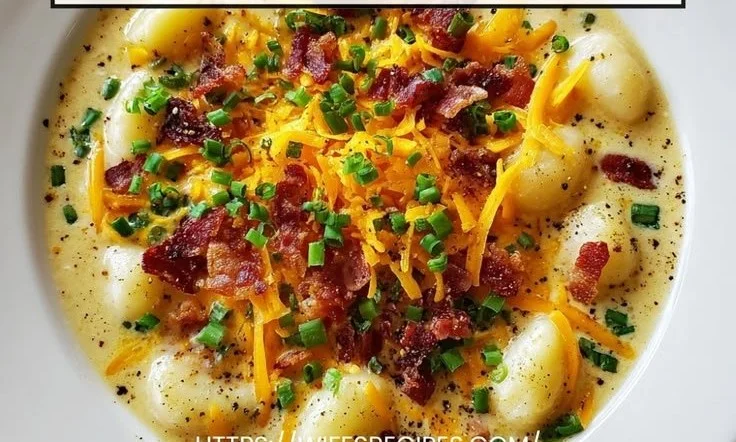 Bacon Cheddar Gnocchi Soup served in a bowl with toppings