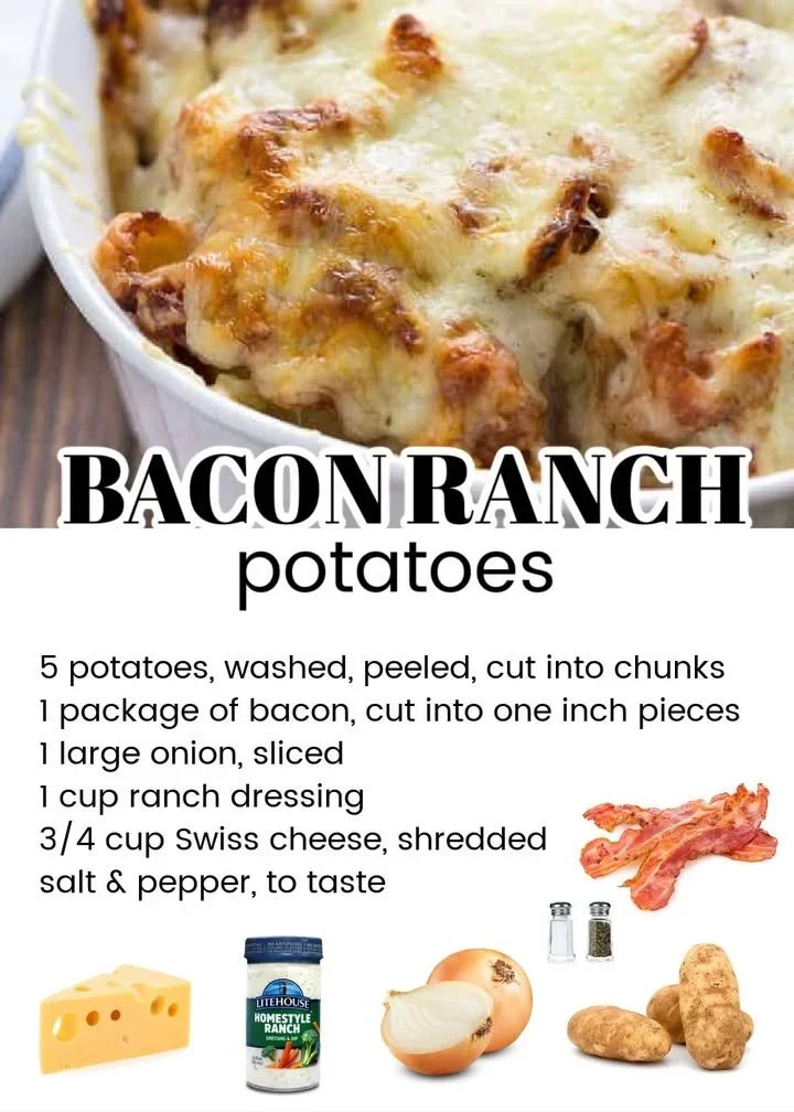 Creamy Bacon Ranch Potatoes topped with crispy bacon and herbs