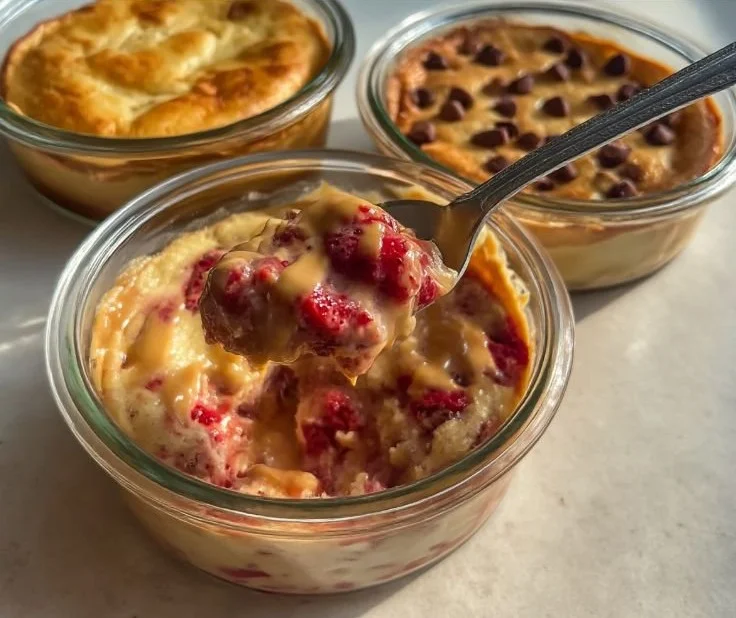 Delicious baked protein pancake bowls topped with fruits and syrup