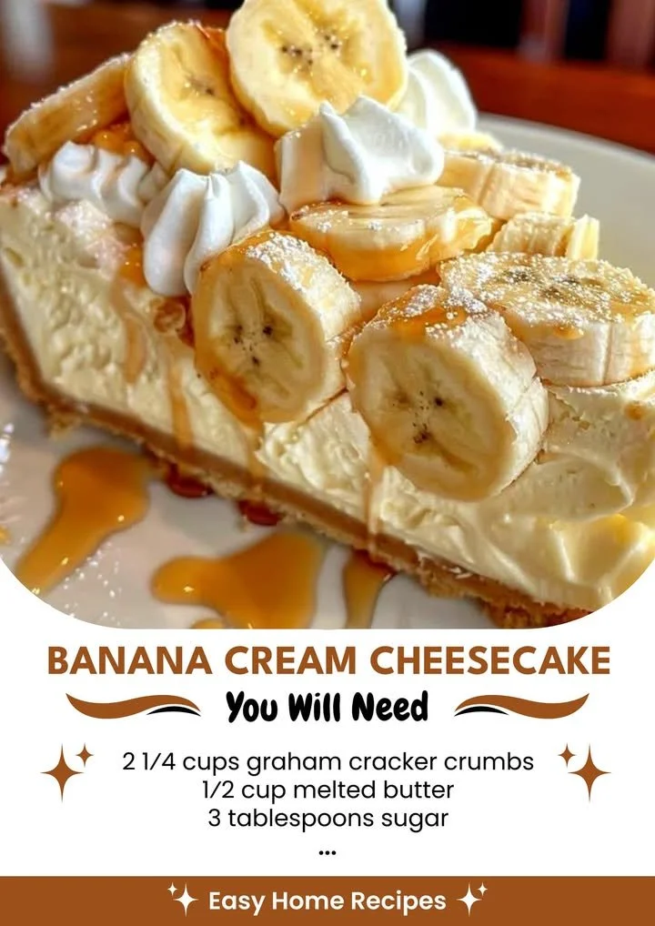 Delicious banana cream cheesecake topped with fresh banana slices and whipped cream.