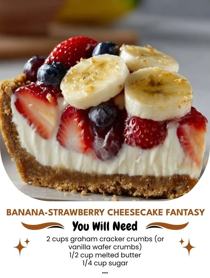 Slice of Banana-Strawberry Cheesecake with fresh berries on top
