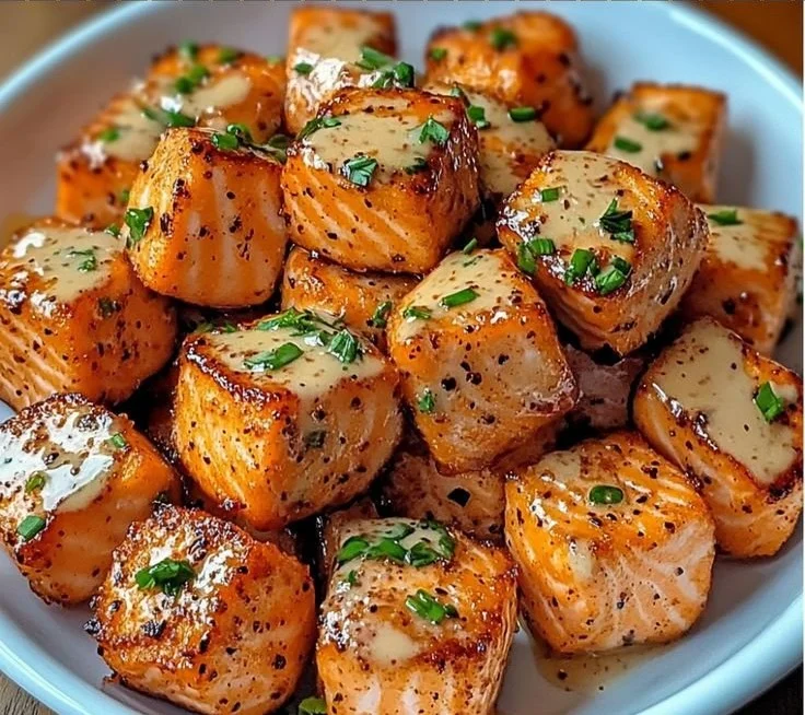 Plate of spicy Bang Bang Salmon Bites garnished with green onions