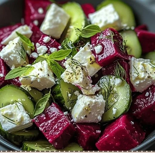 Beet salad with feta cheese and fresh cucumbers in a bowl