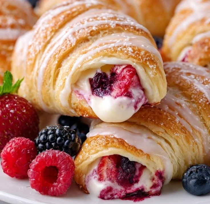 Berry cream cheese stuffed crescent rolls on a serving plate
