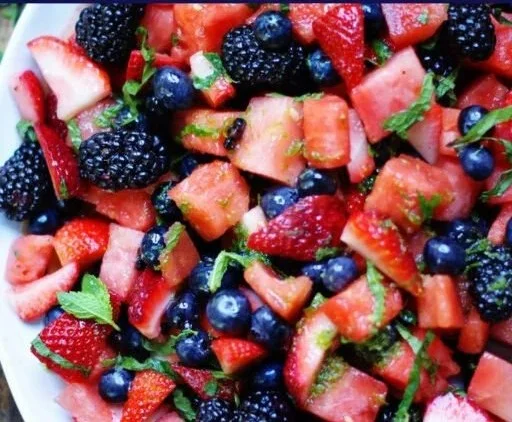 Berry Watermelon Fruit Salad featuring fresh berries and watermelon chunks