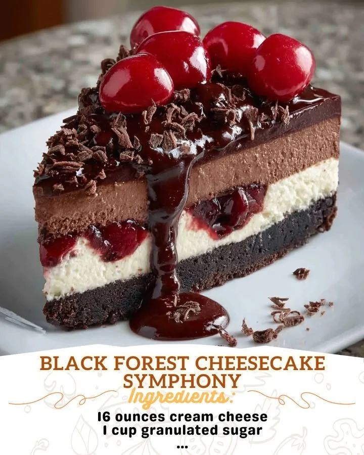 Delicious Black Forest Cheesecake with chocolate layers and cherries on top