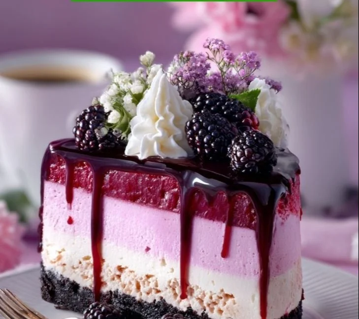 Delicious Blackberry Bliss Cheesecake topped with fresh blackberries on a plate