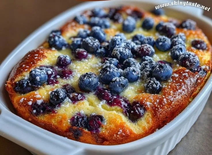 Blueberry buttermilk pancake casserole served in a baking dish