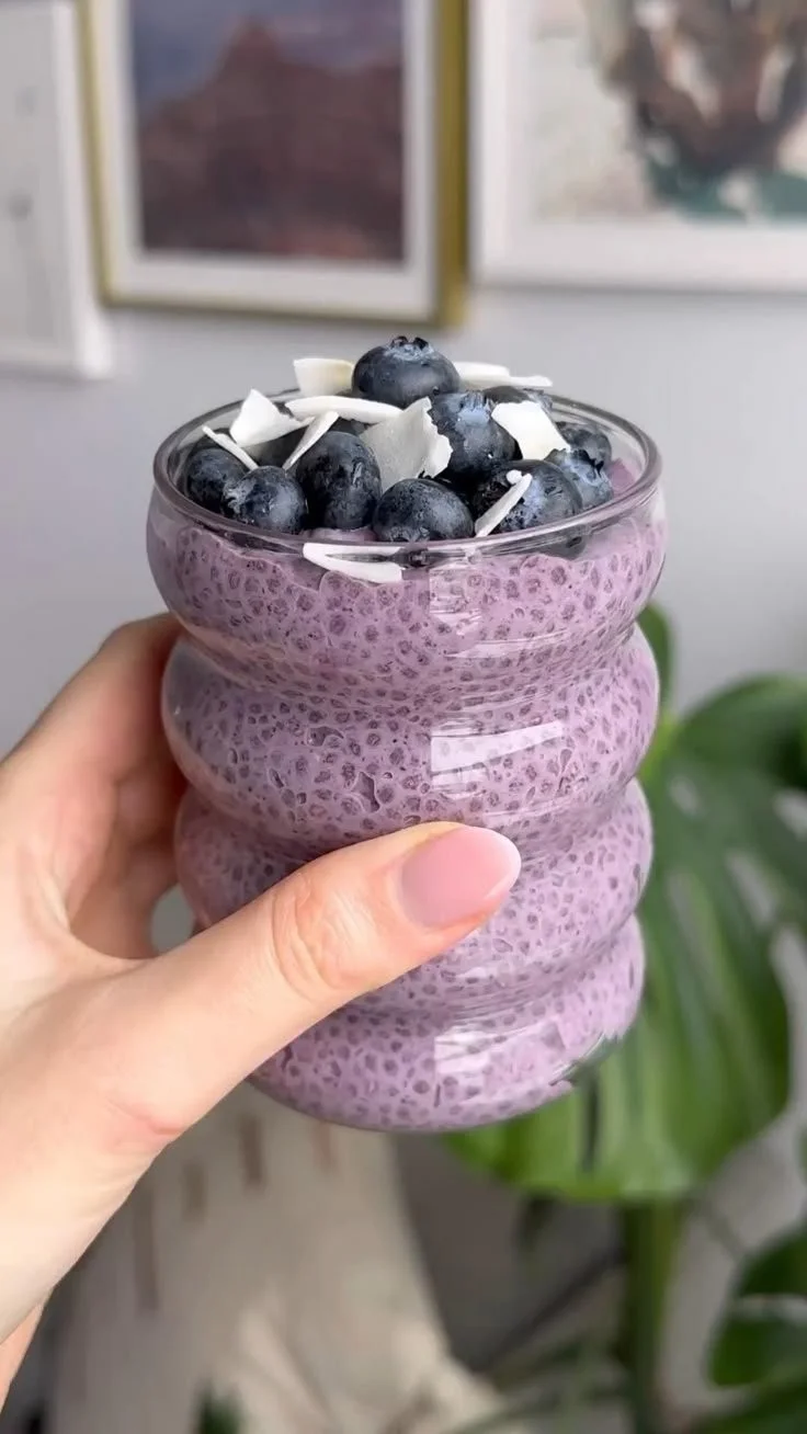 Delicious blueberry chia pudding served in a bowl with fresh blueberries on top
