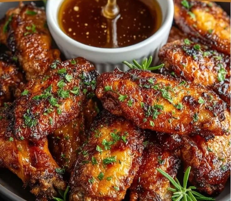 Plate of Brown Sugar Cajun Wings garnished with herbs and spices