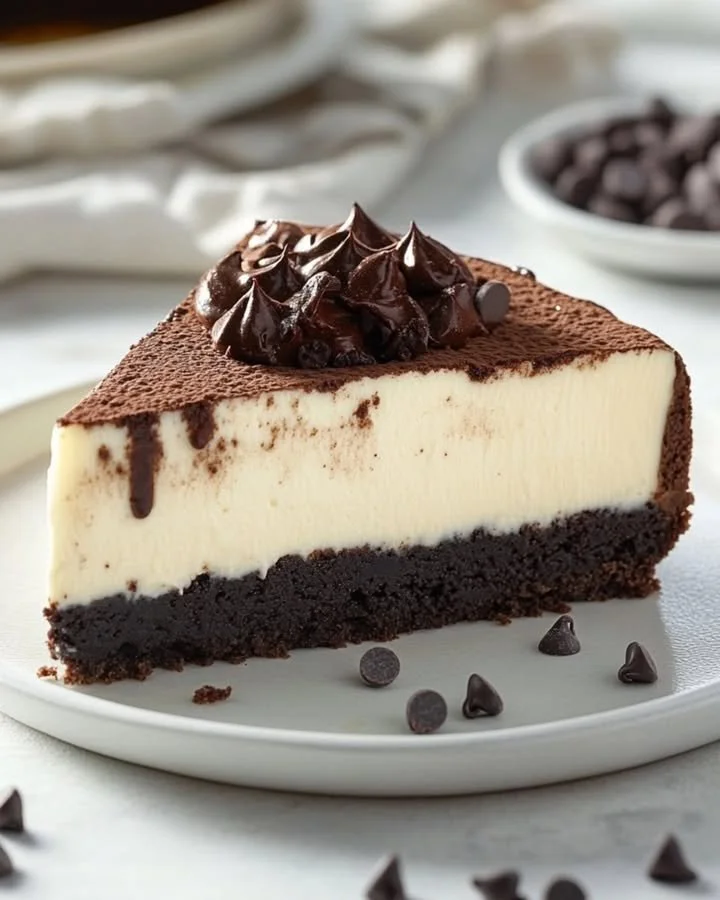 Slice of Brownie Bottom Cheesecake showcasing chocolate brownie and creamy cheesecake layers.