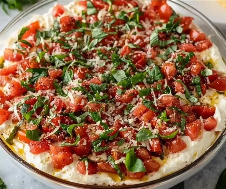 Colorful bruschetta dip served in a bowl with fresh ingredients around it