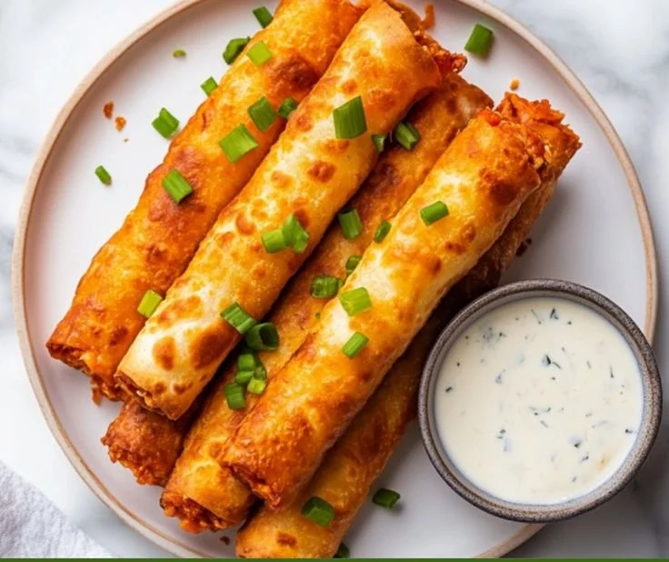 Plate of crispy Buffalo Chicken Taquitos garnished with green onions